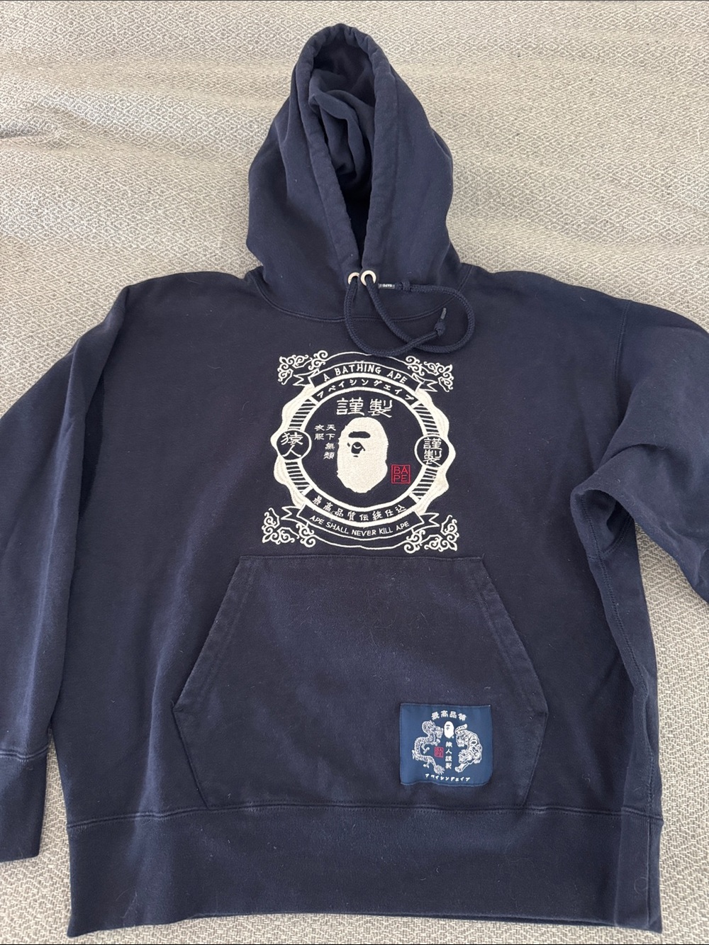 Bape Navy Blue Graphic Hoodie with Front Logo
